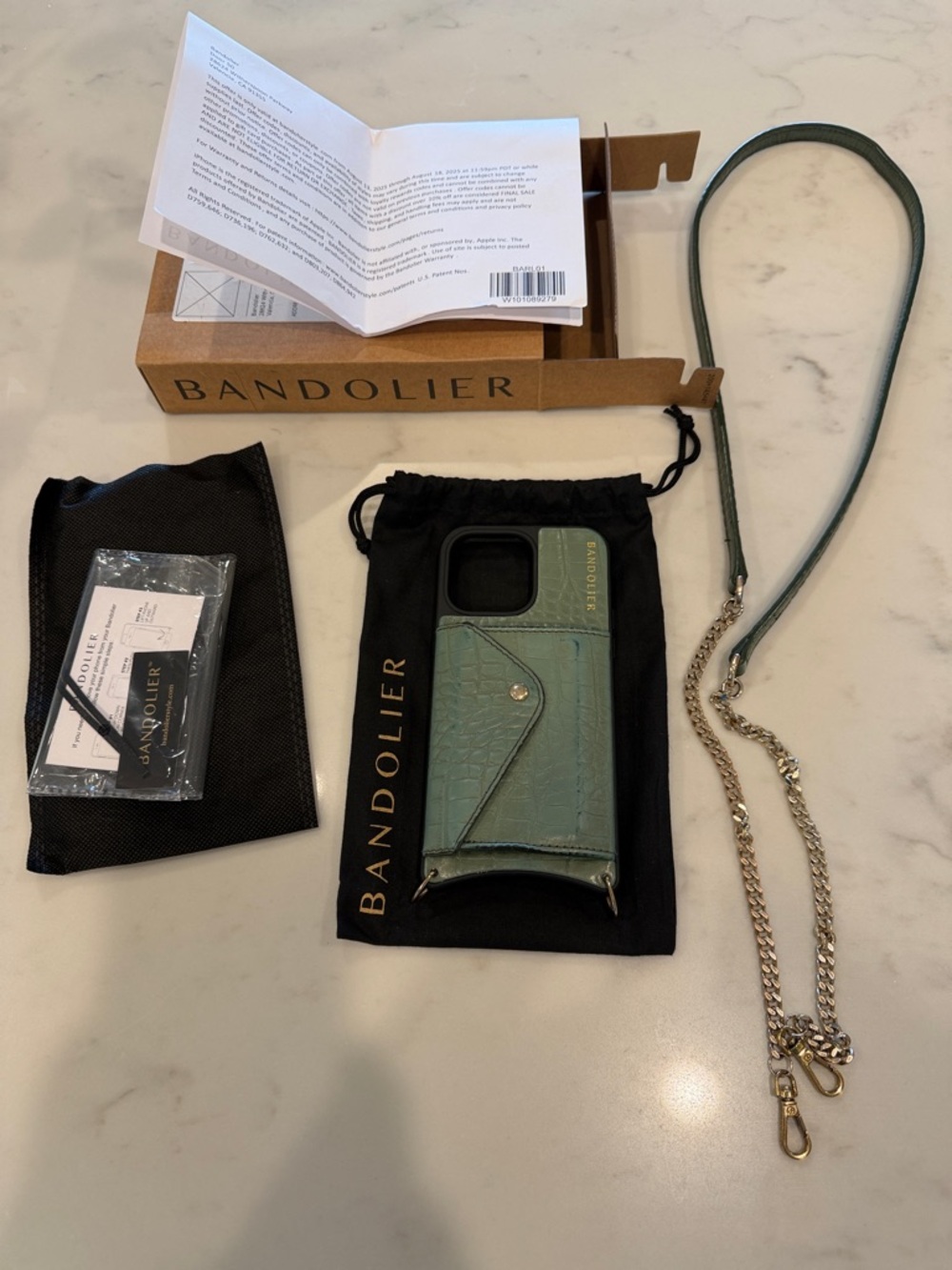Bandolier Green Croc-Embossed Leather Phone Case with Chain & Strap